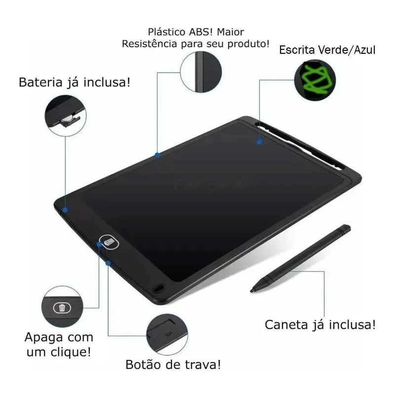 Tablet LCD Mágico de 12 Polegadas - Para Desenho e Escrita Infantil