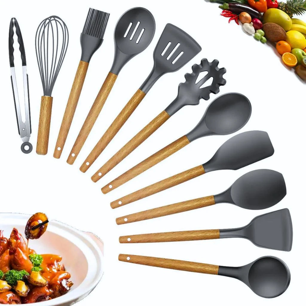 Kit de Utensílios de Cozinha em Silicone e Bambu - 12 Peças