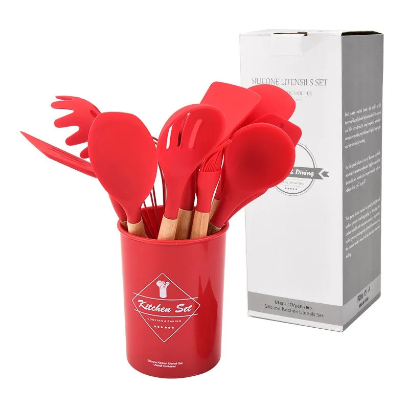 Kit de Utensílios de Cozinha em Silicone e Bambu - 12 Peças