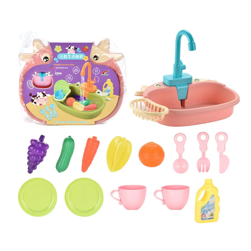 Brinquedo de Pia de Cozinha para Crianças - Mini Máquina de Lavar Louça e Conjunto de Brincar de Casinha
