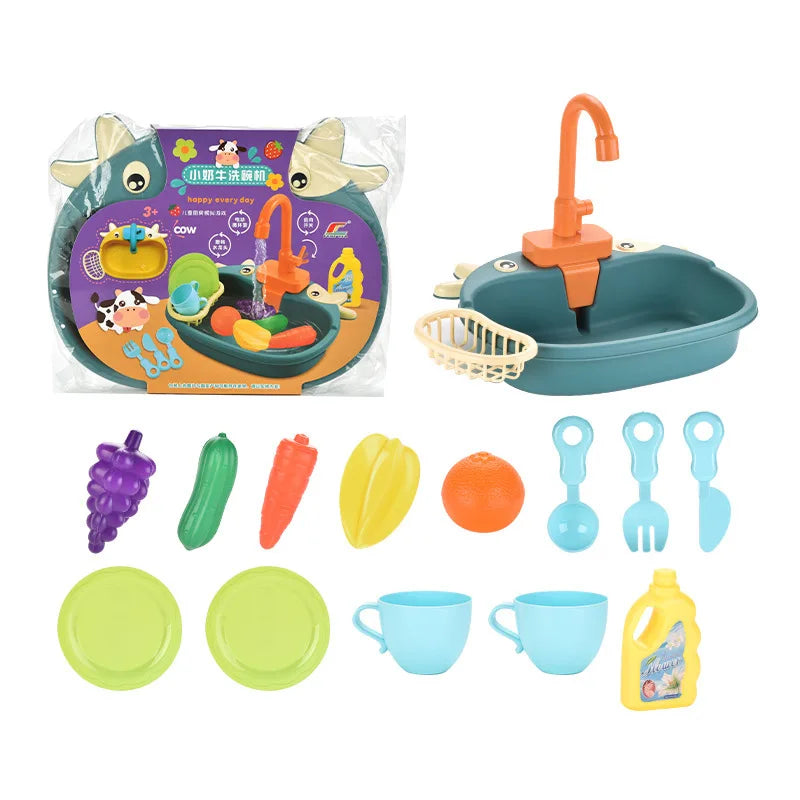 Brinquedo de Pia de Cozinha para Crianças - Mini Máquina de Lavar Louça e Conjunto de Brincar de Casinha