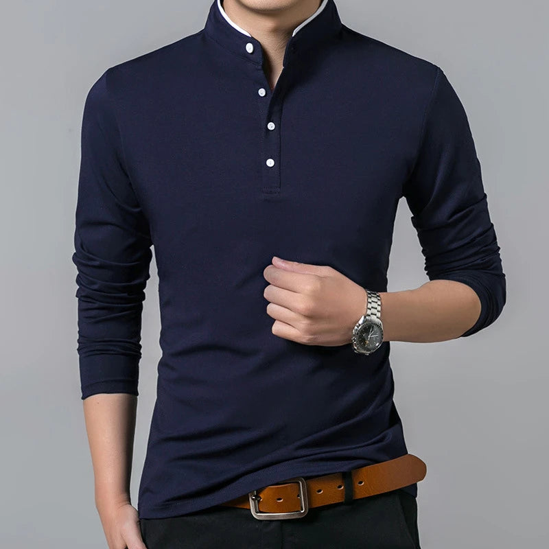 Camisa Polo Masculina Casual Manga Longa, Confortável e Respirável, de Algodão