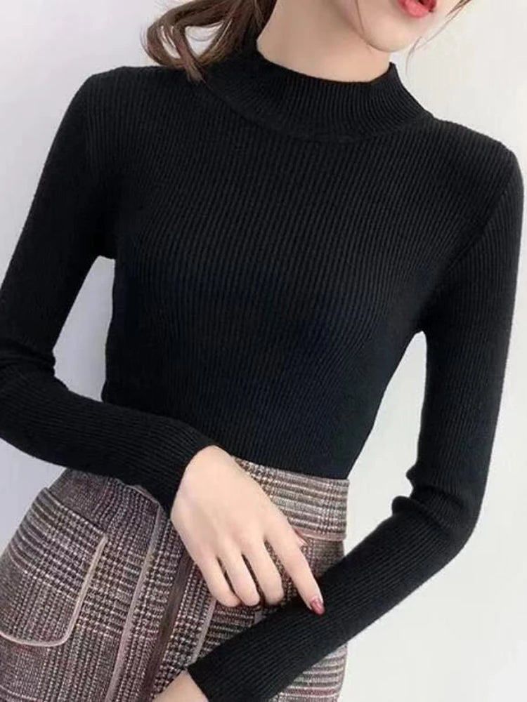 Suéter Feminino Mock Neck Outono/Inverno - Vintage e Slim, Básico e Casual
