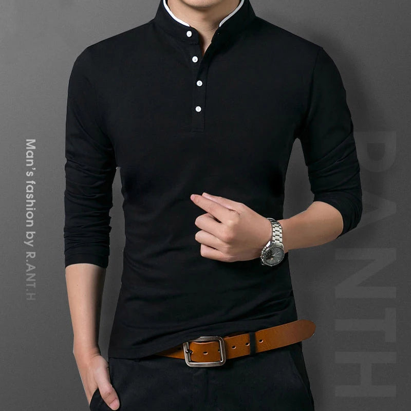 Camisa Polo Masculina Casual Manga Longa, Confortável e Respirável, de Algodão