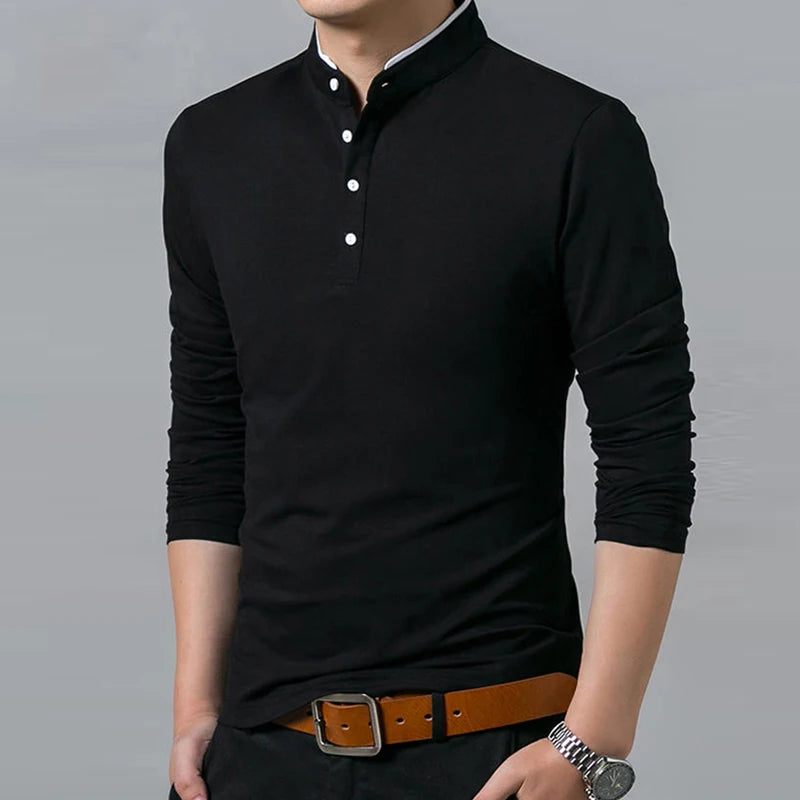 Camisa Polo Masculina Casual Manga Longa, Confortável e Respirável, de Algodão