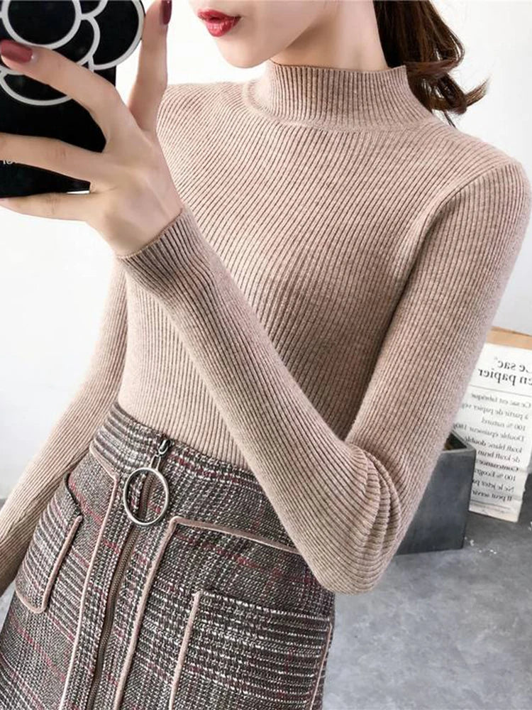 Suéter Feminino Mock Neck Outono/Inverno - Vintage e Slim, Básico e Casual