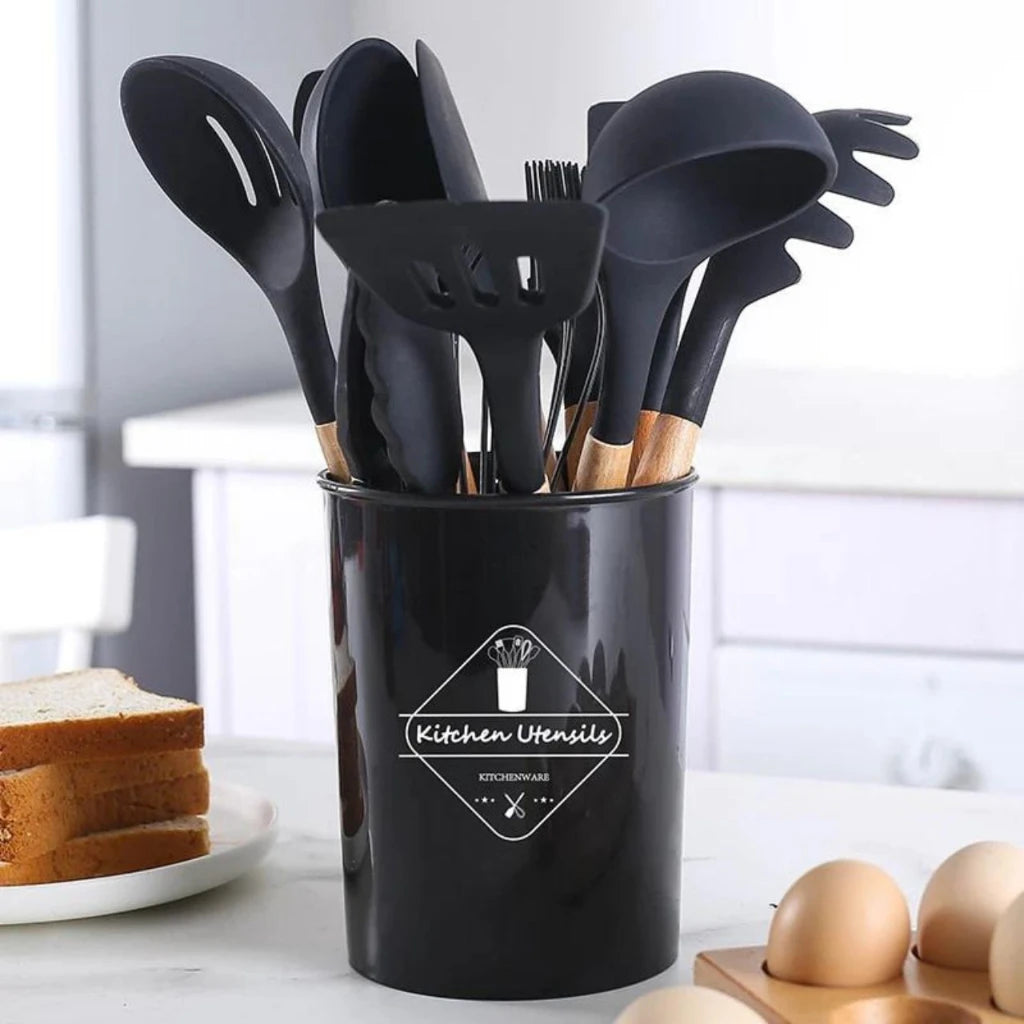 Kit de Utensílios de Cozinha em Silicone e Bambu - 12 Peças