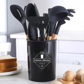 Kit de Utensílios de Cozinha em Silicone e Bambu - 12 Peças