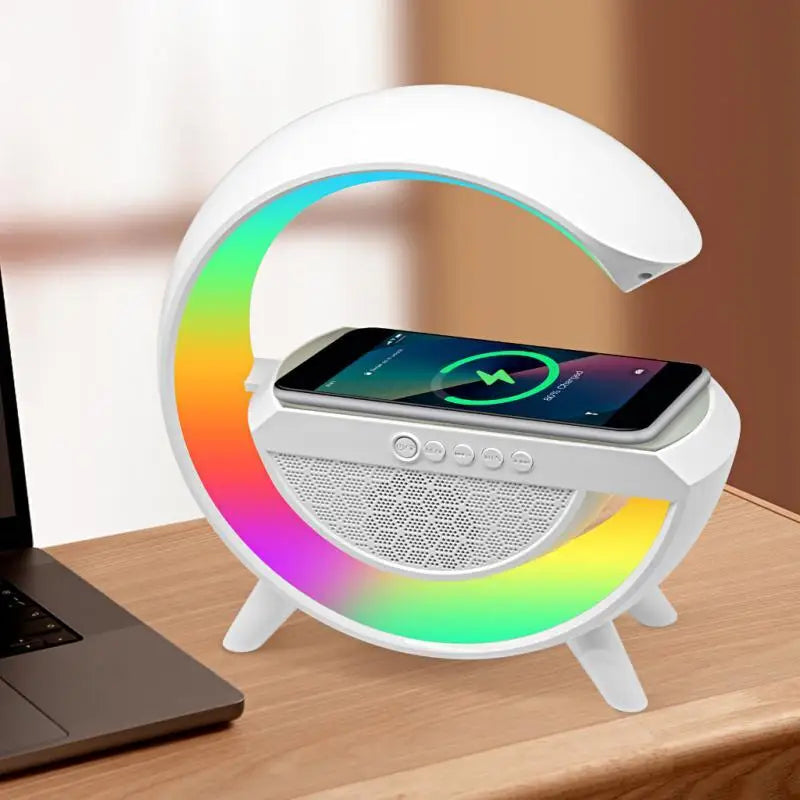 Caixa de Som G-Speaker com Carregador Sem Fio, Bluetooth, RGB e Luminária de Mesa LED