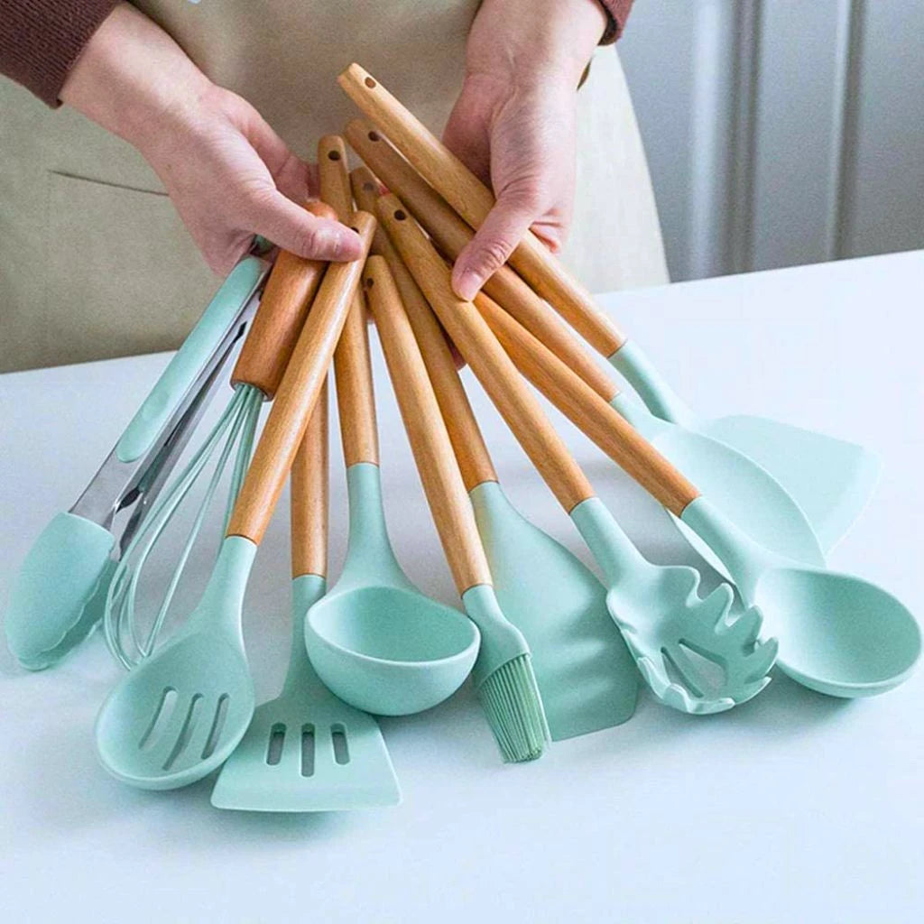 Kit de Utensílios de Cozinha em Silicone e Bambu - 12 Peças