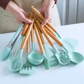 Kit de Utensílios de Cozinha em Silicone e Bambu - 12 Peças