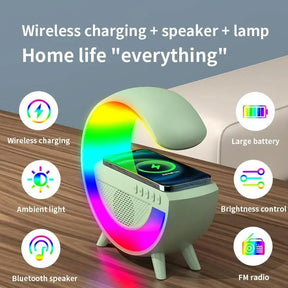 Caixa de Som G-Speaker com Carregador Sem Fio, Bluetooth, RGB e Luminária de Mesa LED