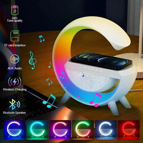Caixa de Som G-Speaker com Carregador Sem Fio, Bluetooth, RGB e Luminária de Mesa LED