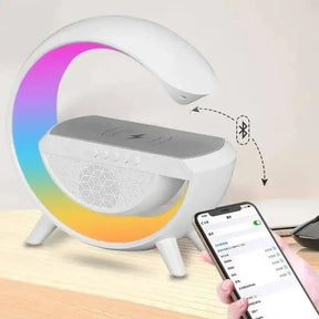 Caixa de Som G-Speaker com Carregador Sem Fio, Bluetooth, RGB e Luminária de Mesa LED