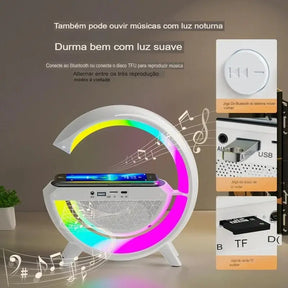 Caixa de Som G-Speaker com Carregador Sem Fio, Bluetooth, RGB e Luminária de Mesa LED
