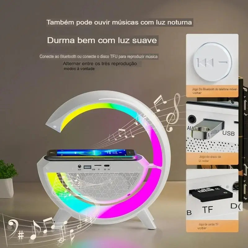 Caixa de Som G-Speaker com Carregador Sem Fio, Bluetooth, RGB e Luminária de Mesa LED