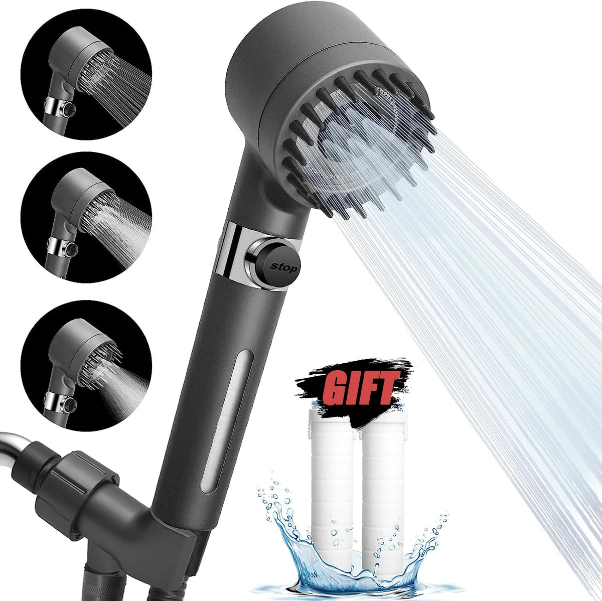 Chuveiro de Alta Pressão com 3 Modos e Filtro de Escova de Massagem