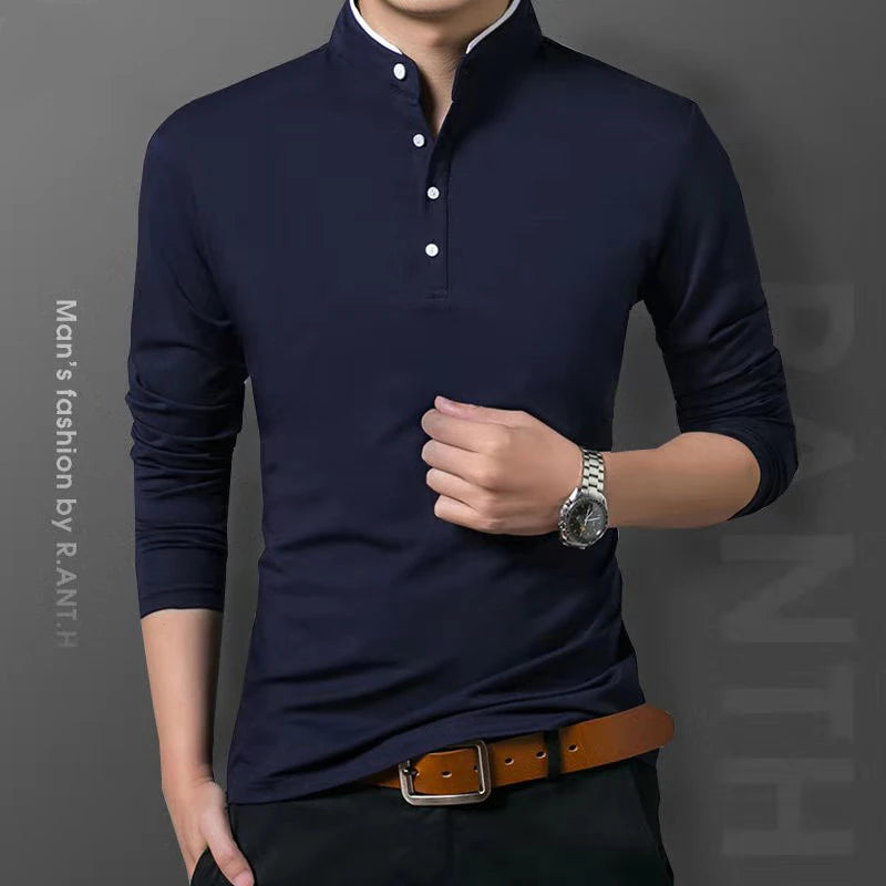 Camisa Polo Masculina Casual Manga Longa, Confortável e Respirável, de Algodão