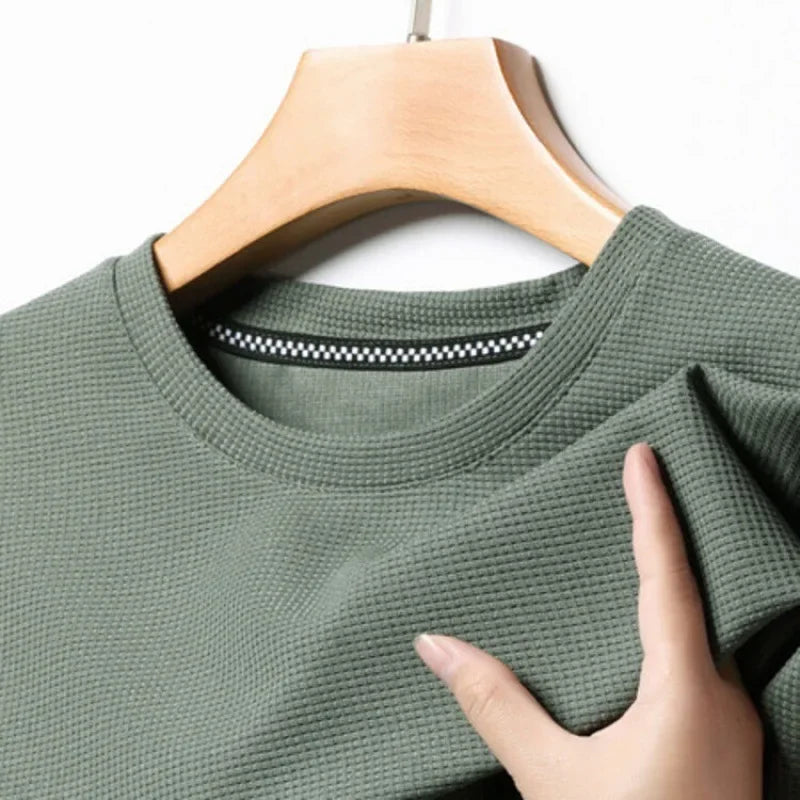 Nova Camiseta de Manga Curta com Gola Redonda e Textura Waffle para Homens